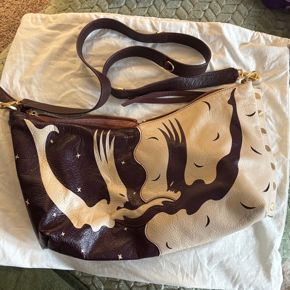 Hammitt Cream and Dark Brown Leather Shoulder Bag with Bird Motif